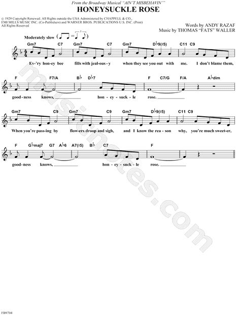 Thomas Fats Waller Honeysuckle Rose Sheet Music Leadsheet In F Major Transposable