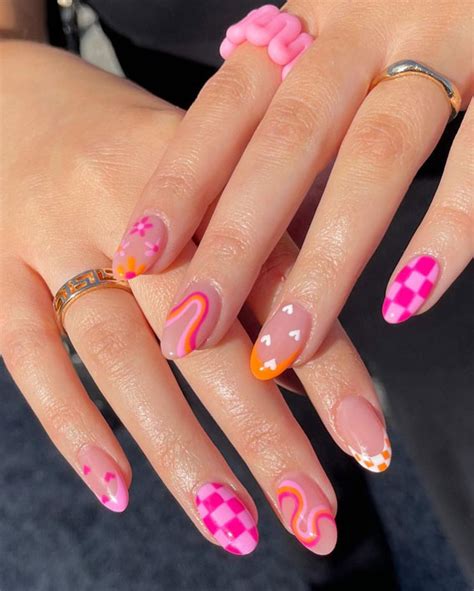 50 Pick And Mix Nail Designs For An Unboring Look Pink And Orange Rainbow Checker Nails