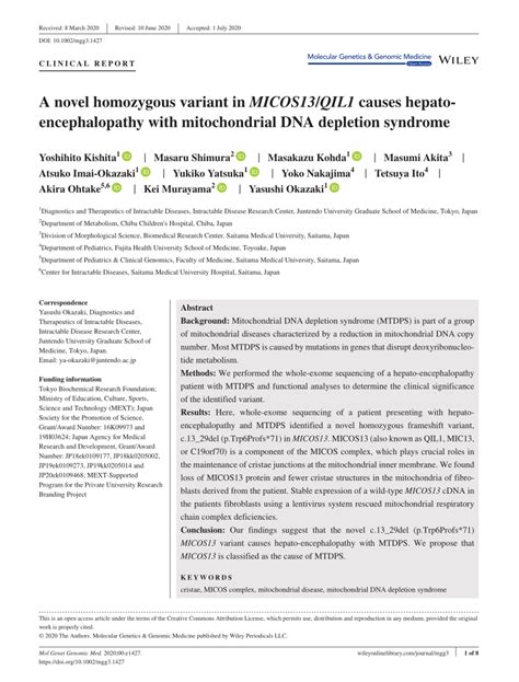 PDF A Novel Homozygous Variant In MICOS13 QIL1 Causes Hepato