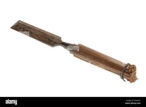 Old Chisel With Wooden Handle Isolated On White Background Stock Photo