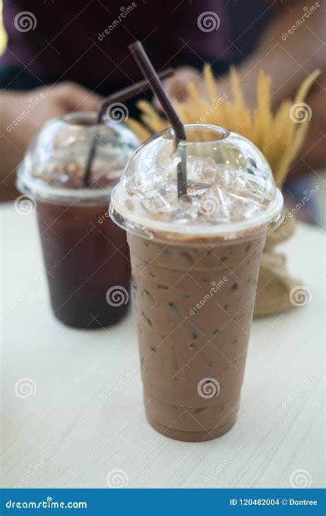 Plastic Take Away Cup Of Iced Mocha On Wood Table Stock Photo Image