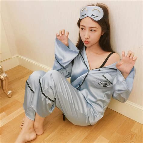 Women Silky Satin Faux Silk Pajamas Long Pants Sleep Wear Home 3pcs