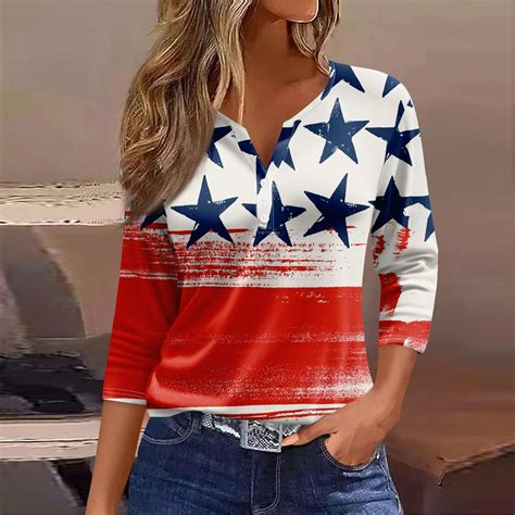 Dengdeng 4th Of July Shirts For Women Casual 3 4 Sleeve Usa Flag Print