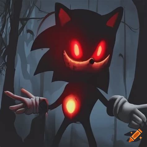 Creepy Figure With Red Eyes Approaching Sonic In A Dark Forest From