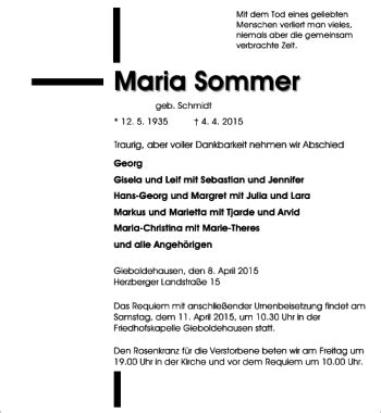 Traueranzeigen Von Maria Sommer Trauer Anzeigen De