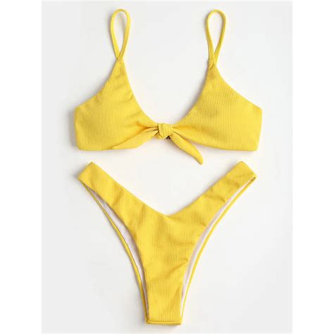 Zaful Ribbed Knotted Bikini Set Spaghetti Strap Bikini Sexy Thong Swimwear Women Swimsuit Yellow