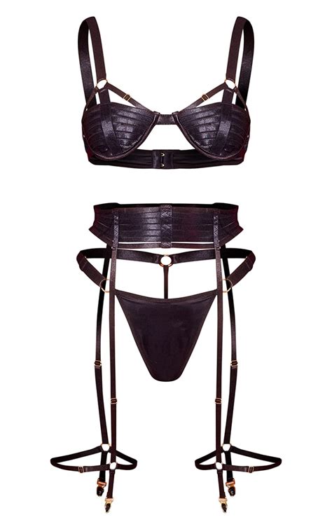 Ensemble de lingerie 3 pièces bandage noir à lanières