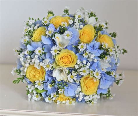 Blue And Yellow Bouquet Yellow Wedding Flowers Yellow Rose Wedding