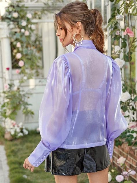 Tie Neck Balloon Sleeve Organza Blouse SHEIN Arbeit Outfit Bluse