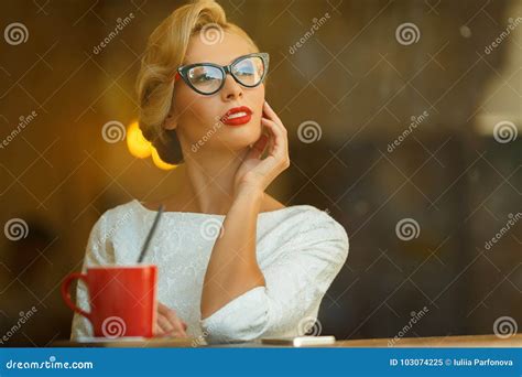 Blonde In Retro Look Resting In Cafe Stock Image Image Of Minimal