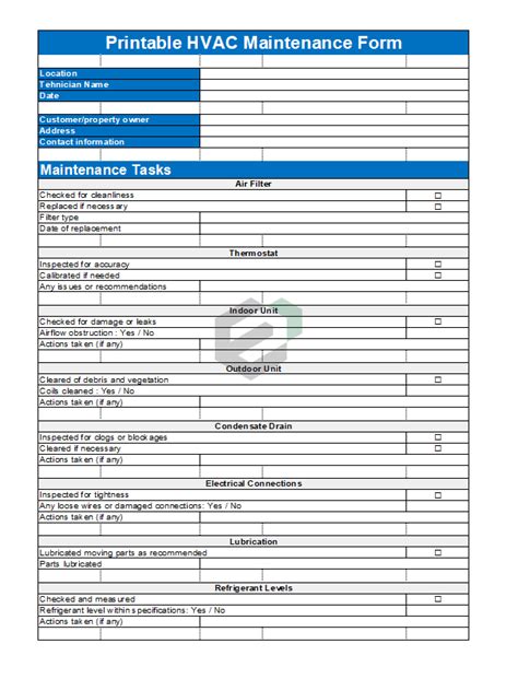 [free] Printable Hvac Maintenance Form Excel Template