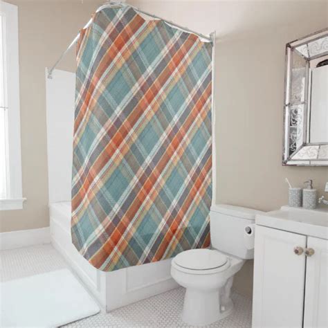 Modern Teal Dark Blue Orange White Plaid Pattern Shower Curtain Zazzle