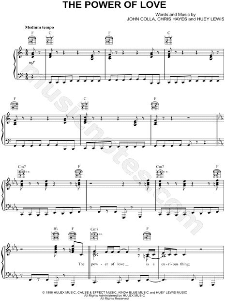 Huey Lewis & the News "The Power of Love" Sheet Music in C Major ...