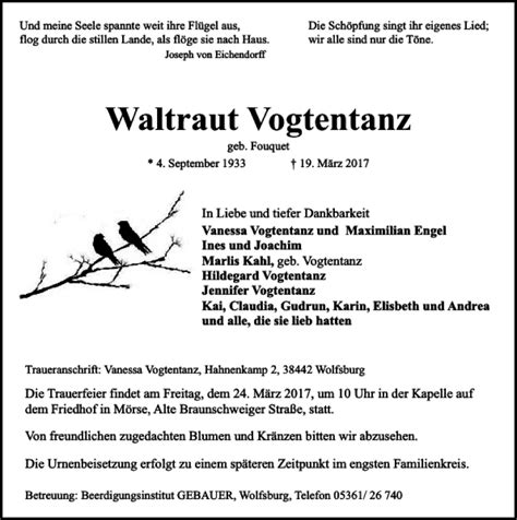 Traueranzeigen Von Waltraut Vogtentanz Trauer Anzeigen De