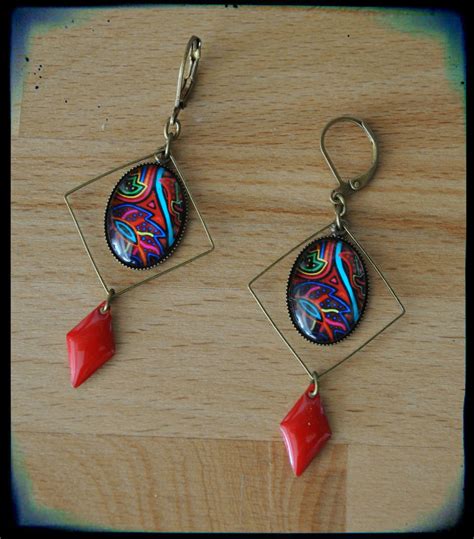 Boucles D Oreilles Pendantes Cabochon Ethnique Multicolore Losange