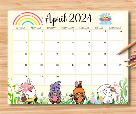 EDITABLE April 2024 Calendar Happy Easter Day With Cute Gnomes