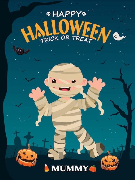 Premium Vector Vintage Halloween Poster Design With Vector Mummy