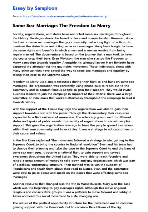Same Sex Marriage The Freedom To Marry Free Essay Sample On Samploon