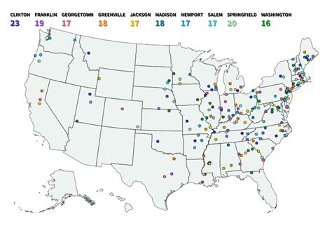 Top 10 most common US city names, mapped (over 1000 population), might ...