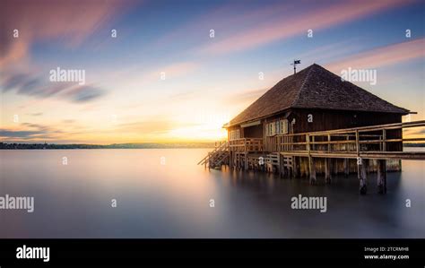 A Beautiful Sunset At A Boathouse On The Ammersee In Bavaria High