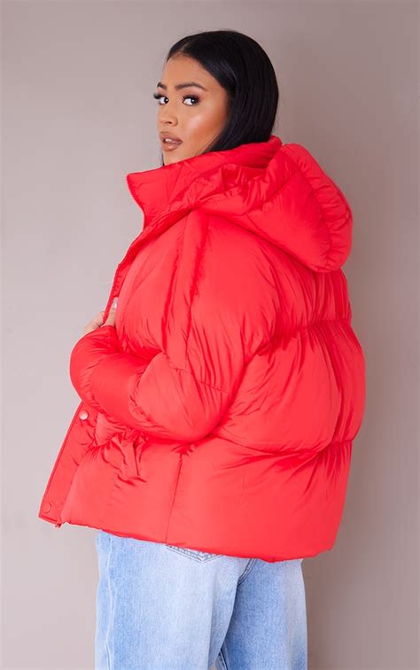 Tall Red Nylon Curved Wadded Puffer Jacket Prettylittlething