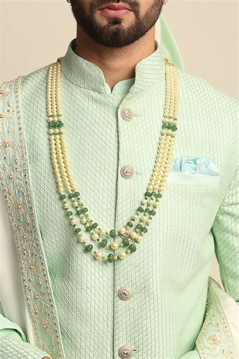 Buy Priyanka Jain Men Green Raw Silk And Crepe Embroidered Sherwani Set