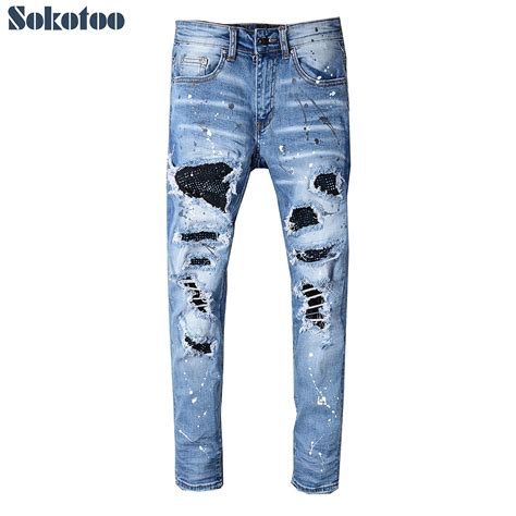 Sokotoo Men S Rhinestone Crystal Patchwork Light Blue Ripped Jeans Slim