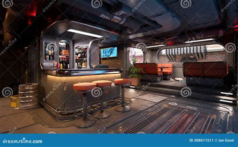 Fantasy Future Cyberpunk Saloon Bar Interior in the Evening. 3D Illustration Stock Illustration ...