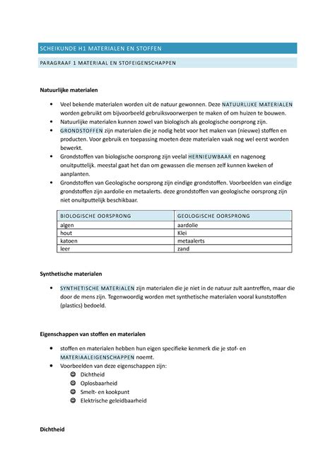 Scheikunde H1 Samenvatting Van Hoofdstuk 1 SCHEIKUNDE H1 MATERIALEN