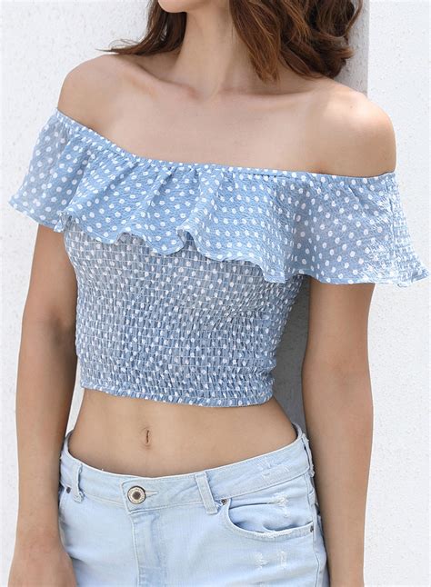 Sexy Off Shoulder Short Sleeve Slim Ruffle Polka Dot Crop Top