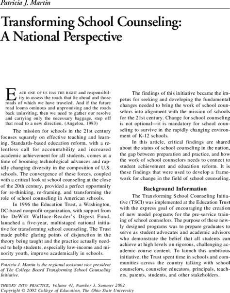 Transforming School Counseling A National Perspective Theory Into