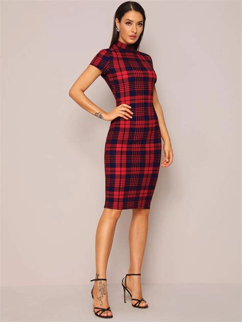 Shein Priv Mock Neck Plaid Form Fitted Dress Shein Usa