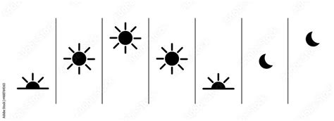 Sun rising and going down and moon rising. Process icons, symbols ...