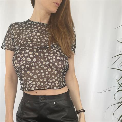 Mesh floral black crop top with short sleeves - size... - Depop