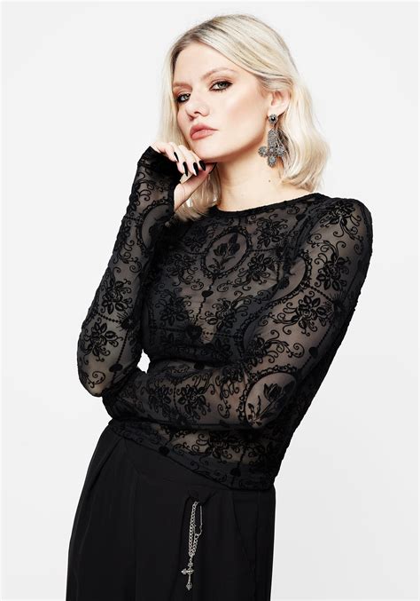 Cameo Floral Flocked Mesh Long Sleeve Top Disturbia