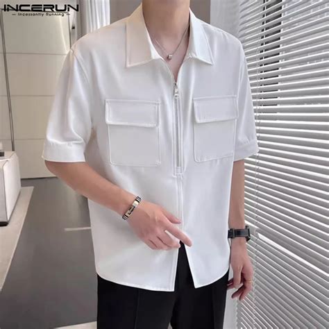 Incerun Tops Korean Style New Men Half Zip Lapel Pocket Shirts