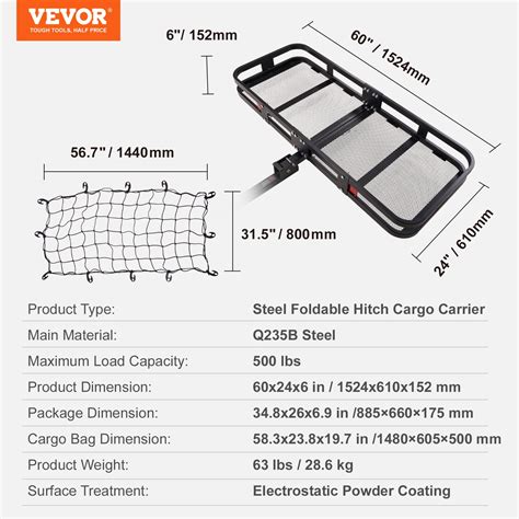 Vevor Hitch Cargo Carrier 60 X 24 X 6 In Folding Trailer Hitch Mounted Steel Cargo Basket