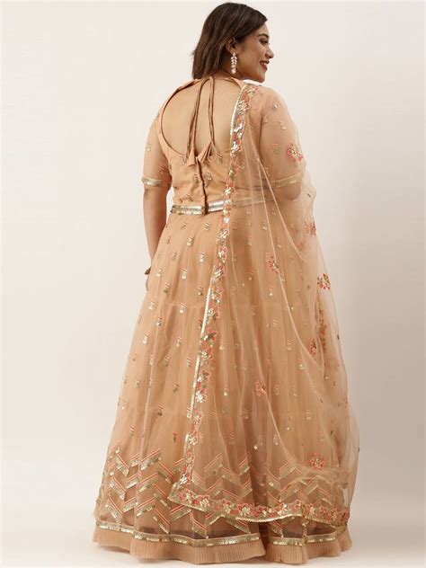 Plus Size Women Peach Net Embroidered Sequins Semi Stitched Lehenga And Unstitched Blouse With