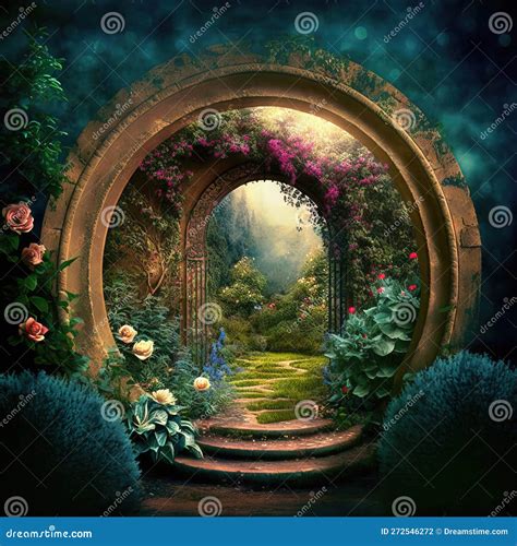 Magic Fairytale Garden With Arch And Stairs Generative Ai Stock