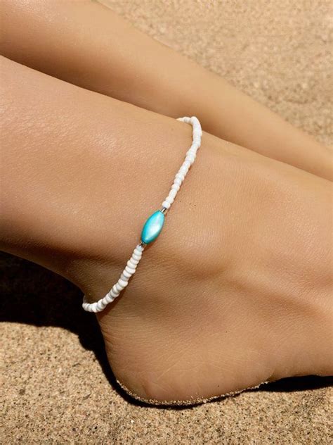 White Anklet Beaded Anklet Ankle Bracelet Turquoise Anklet Shell