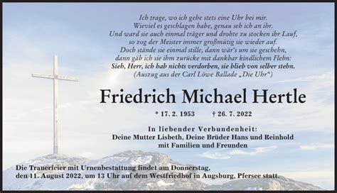 Traueranzeigen Von Friedrich Michael Hertle Augsburger Allgemeine Zeitung