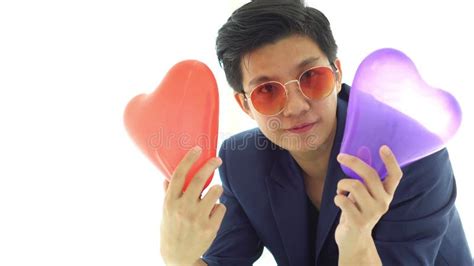 Asian Professional Pride Tomboy Lesbian With Suit And Hearts Balloons Stock Video Video Of