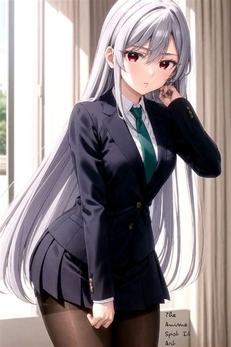 An Anime Girl With Long White Hair Wearing A Suit And Tie Posing In