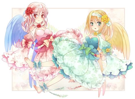 2girls Aqua Eyes Barefoot Blonde Hair Bow Breasts Cleavage Dress