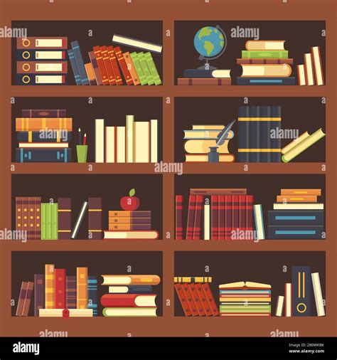 Books In Library Bookcase Encyclopedia Book At Bookshelf Pile Textbooks And Magazines At