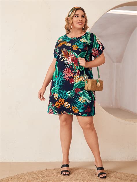 Shein Lune Plus Batwing Sleeve Tropical Print Dress Shein Usa