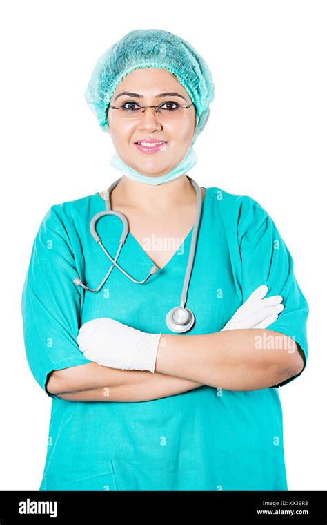 Indian Surgeon Woman Doctor Wearing Uniform Arms Crossed Standing Stock