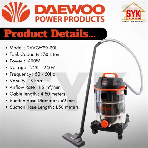 Syk Daewoo Davc Davcw90 30l 30l 1400w Corded Wet And Dry Vacuum