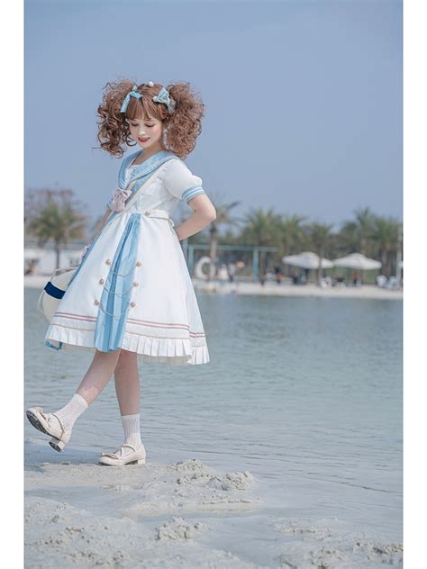 Sea Breeze Light Blue Sailor Collar One Piece High Waist Sweet Dress