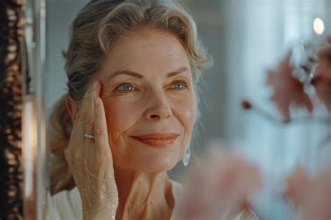 Premium Photo Middle Aged Woman Models Skincare Routine For Aging Beauty